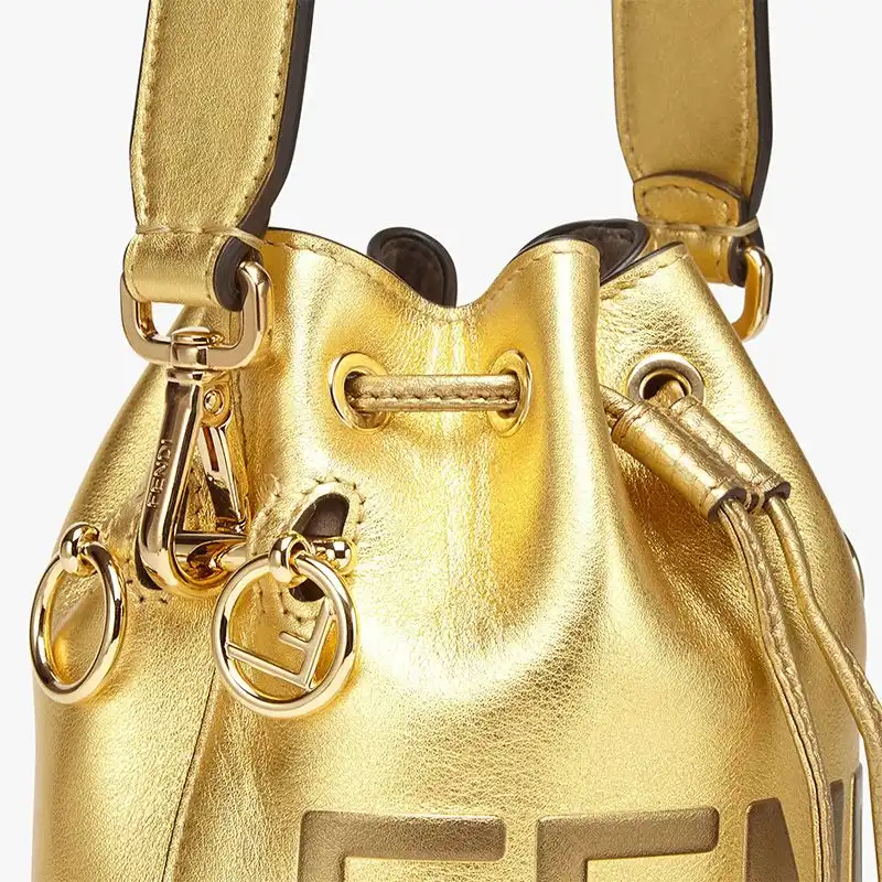 Affordable Fendi Mini Mon Tresor Bucket Bag In ROMA Logo Calf Leather Gold 0124 HOT SALE