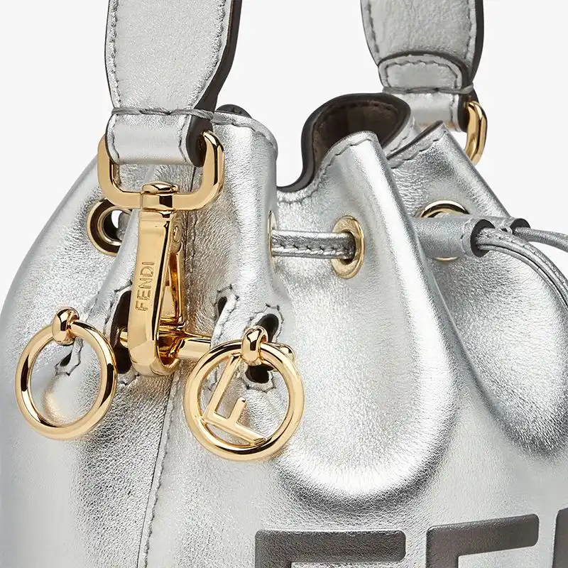 Affordable Fendi Mini Mon Tresor Bucket Bag In ROMA Logo Calf Leather Silver 0124 HOT SALE