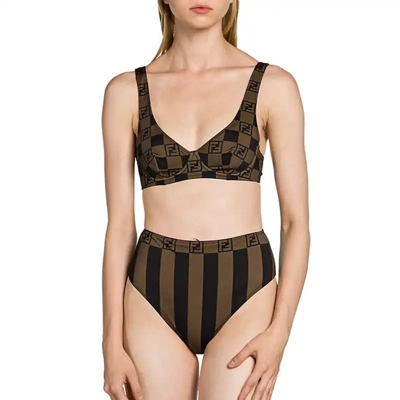 Fendi Underwear Set Women Vichy Pequin Motif Lycra Brown 0126 HOT SALE