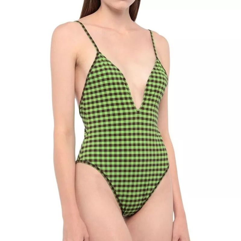 Fendi Reversible Swimsuit with Straps Women Checkered FF Motif Lycra Green Brown 0120 HOT SALE