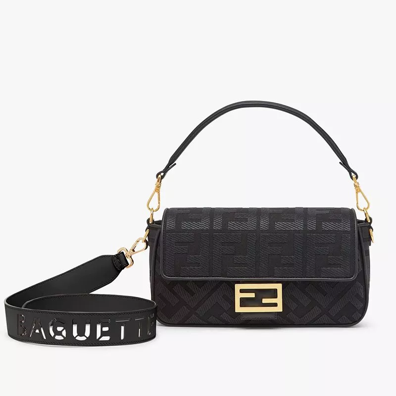 Fendi Medium Baguette Bag with Laser Cut Strap In FF Motif Canvas Black 0117 HOT SALE