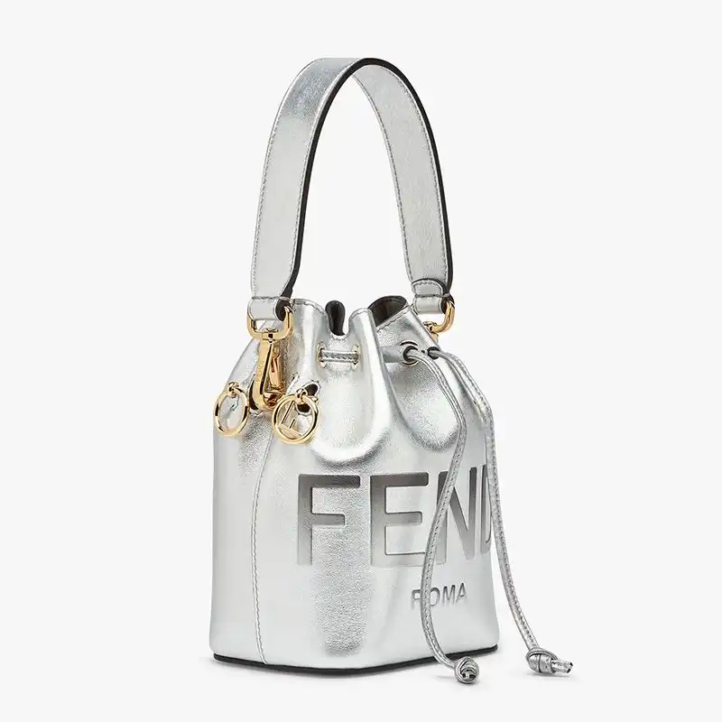 Affordable Fendi Mini Mon Tresor Bucket Bag In ROMA Logo Calf Leather Silver 0124 HOT SALE