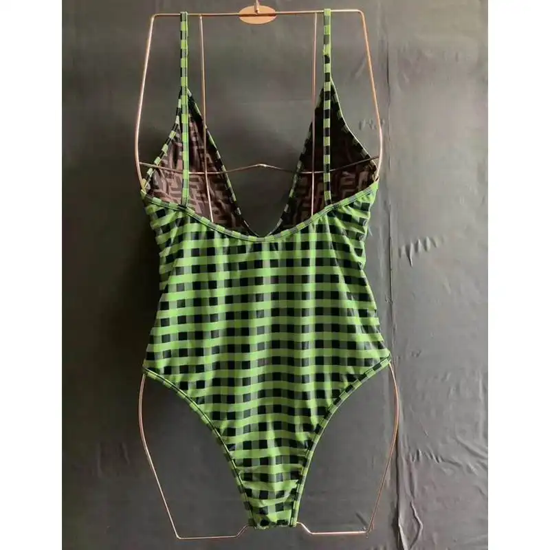 Affordable Fendi Reversible Swimsuit with Straps Women Checkered FF Motif Lycra Green Brown 0131 HOT SALE