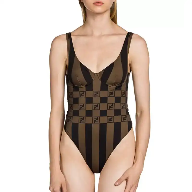 Fendi Swimsuit Women Vichy Pequin Motif Lycra Brown 0126 HOT SALE