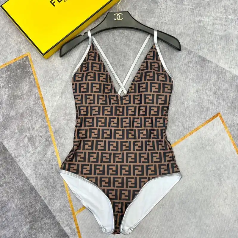 Affordable Fendi Crisscross Swimsuit Women FF Motif Lycra Brown Silver 0126 HOT SALE