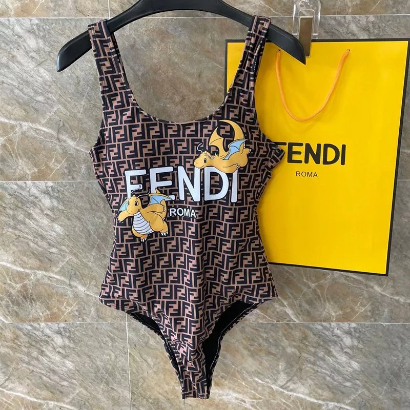 Fendi Swimsuit Women Pokmon Dragon FF Motif Lycra Brown Yellow 0120 HOT SALE