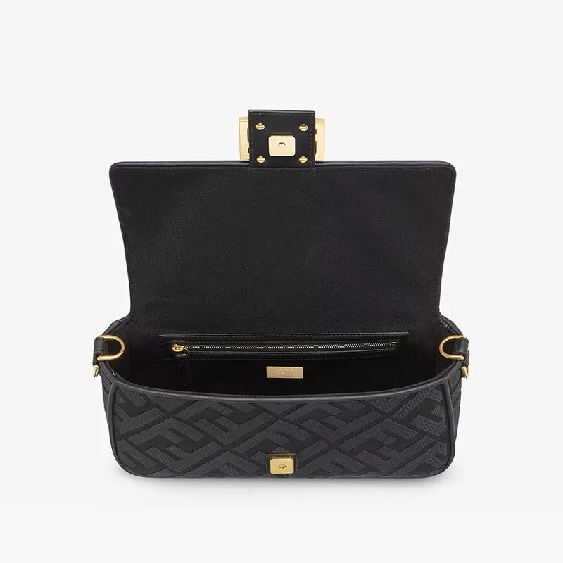 Affordable Fendi Medium Baguette Bag with Laser Cut Strap In FF Motif Canvas Black 0117 HOT SALE