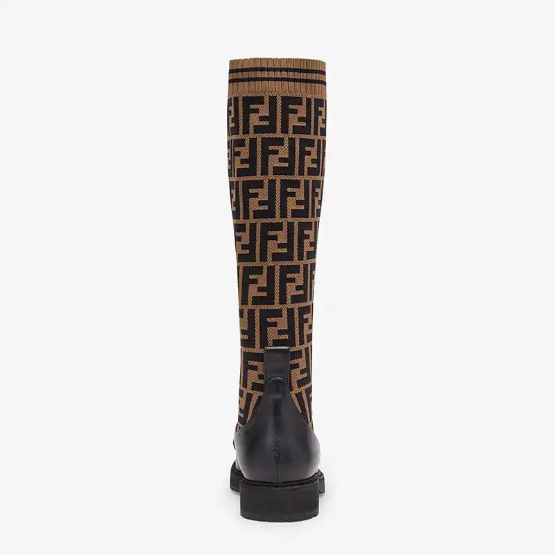 Affordable Fendi Rockoko High Ankle Boots Women Leather with FF Motif Stretch Fabric Brown 0128 HOT SALE