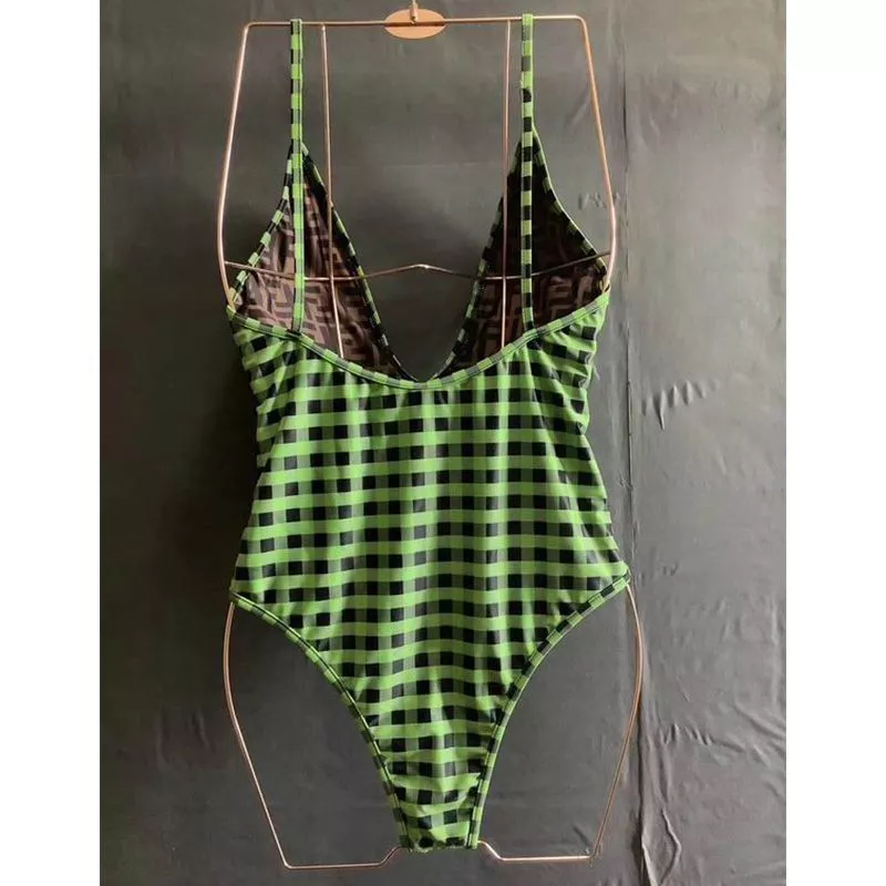 Cheap Fendi Reversible Swimsuit with Straps Women Checkered FF Motif Lycra Green Brown 0120 HOT SALE