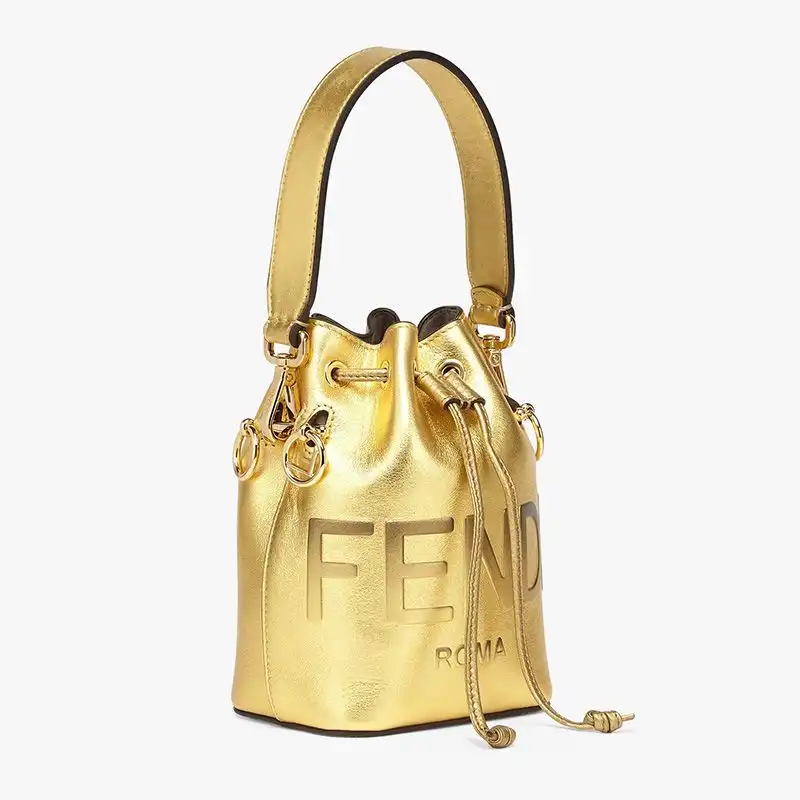 Affordable Fendi Mini Mon Tresor Bucket Bag In ROMA Logo Calf Leather Gold 0124 HOT SALE