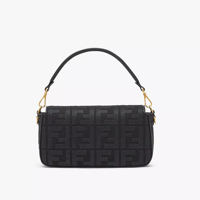 Affordable Fendi Medium Baguette Bag with Laser Cut Strap In FF Motif Canvas Black 0117 HOT SALE