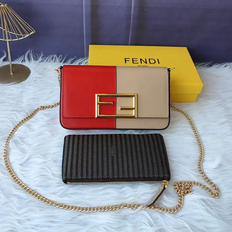 Fendi FF Wallet On Chain With Pouches In Calf Leather Red Pink 0129 HOT SALE