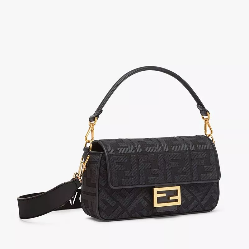 Affordable Fendi Medium Baguette Bag with Laser Cut Strap In FF Motif Canvas Black 0117 HOT SALE