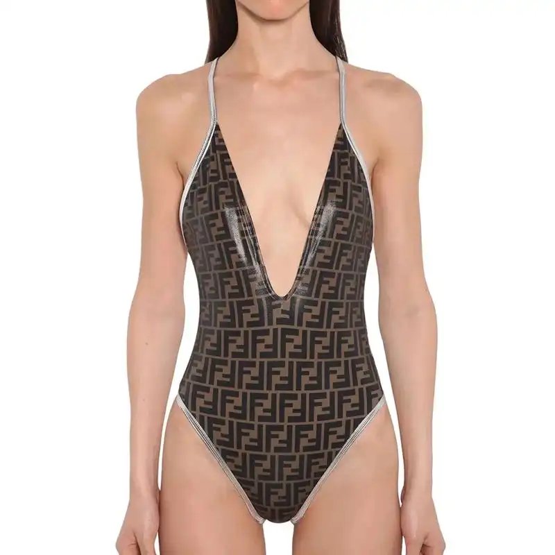 Fendi Crisscross Swimsuit Women FF Motif Lycra Brown Silver 0126 HOT SALE