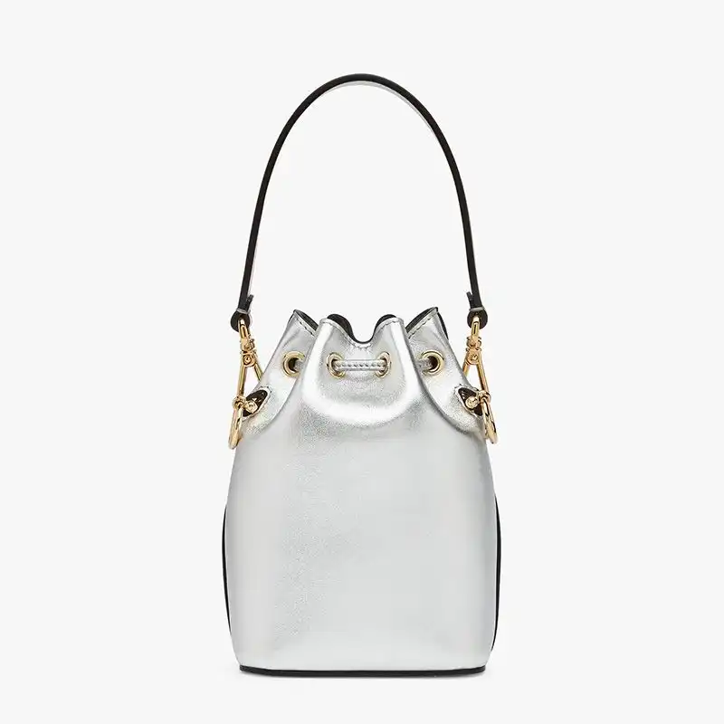 Affordable Fendi Mini Mon Tresor Bucket Bag In ROMA Logo Calf Leather Silver 0124 HOT SALE