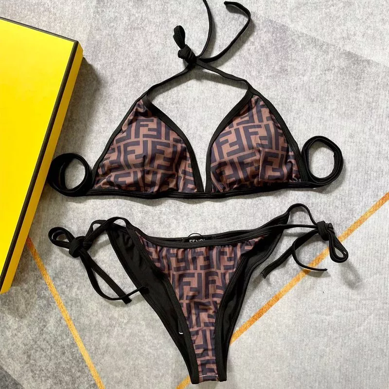 Cheap Fendi Triangular Bikini with Ties Women FF Motif Lycra Brown Black 0120 HOT SALE