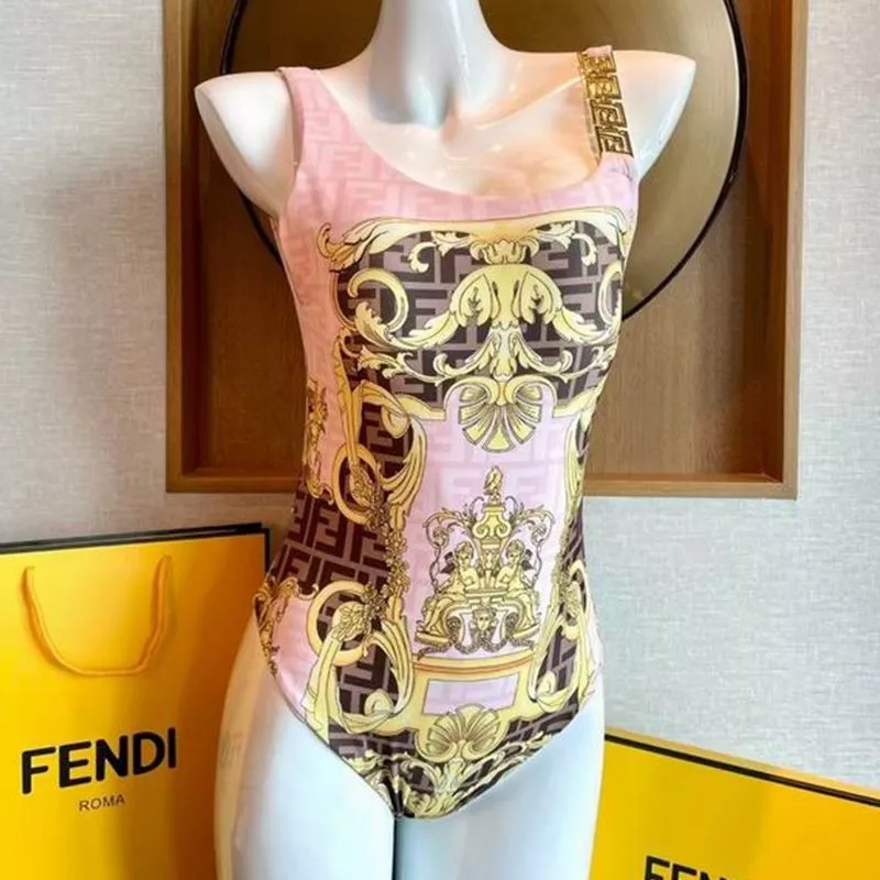 Fendi Reversible Swimsuit Women Fendace Baroque Motif Lycra Pink Brown 0120 HOT SALE