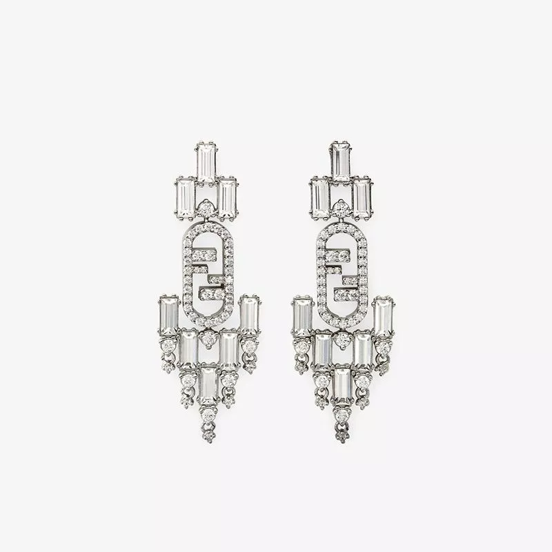 Fendi O'Lock Pendant Earrings In Metal with Geometric Crystals Palladium 0115 HOT SALE