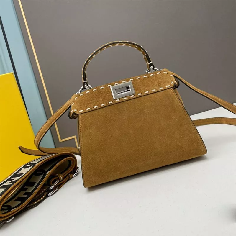 Fendi Mini Peekaboo Iconic Bag In Stitching Suede Brown 0117 HOT SALE