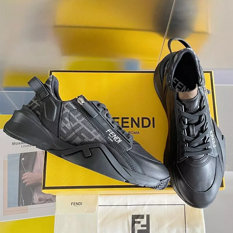 Fendi Flow Sneakers Men Leather and FF Motif Fabric Black 0119 HOT SALE