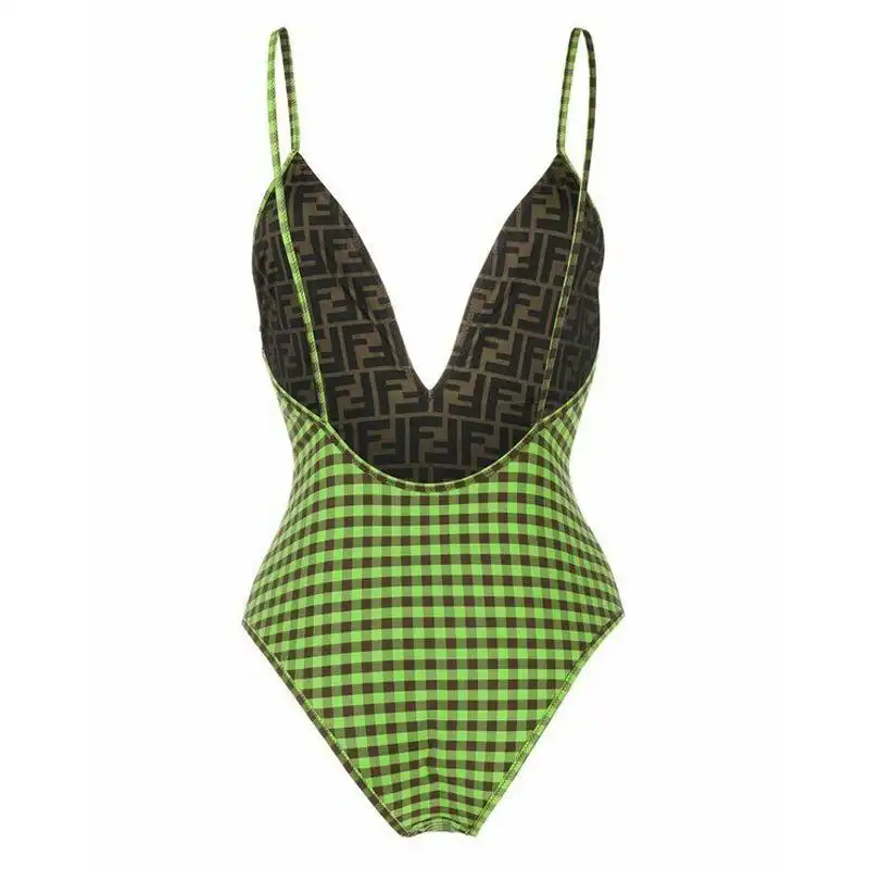 Affordable Fendi Reversible Swimsuit with Straps Women Checkered FF Motif Lycra Green Brown 0131 HOT SALE