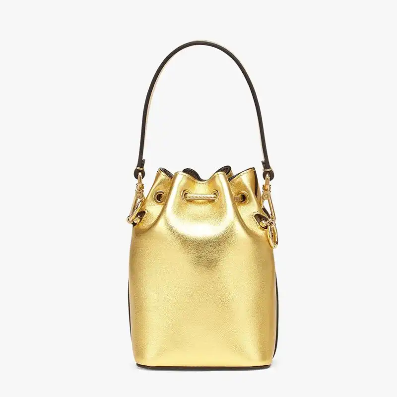 Affordable Fendi Mini Mon Tresor Bucket Bag In ROMA Logo Calf Leather Gold 0124 HOT SALE