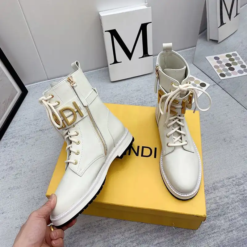 Affordable Fendi Fendigraphy Combat Boots Women Leather White 0130 HOT SALE