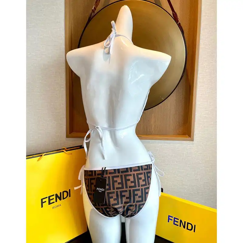 Affordable Fendi Triangle Bikini with Ties Women FF Motif Lycra Brown White 0201 HOT SALE