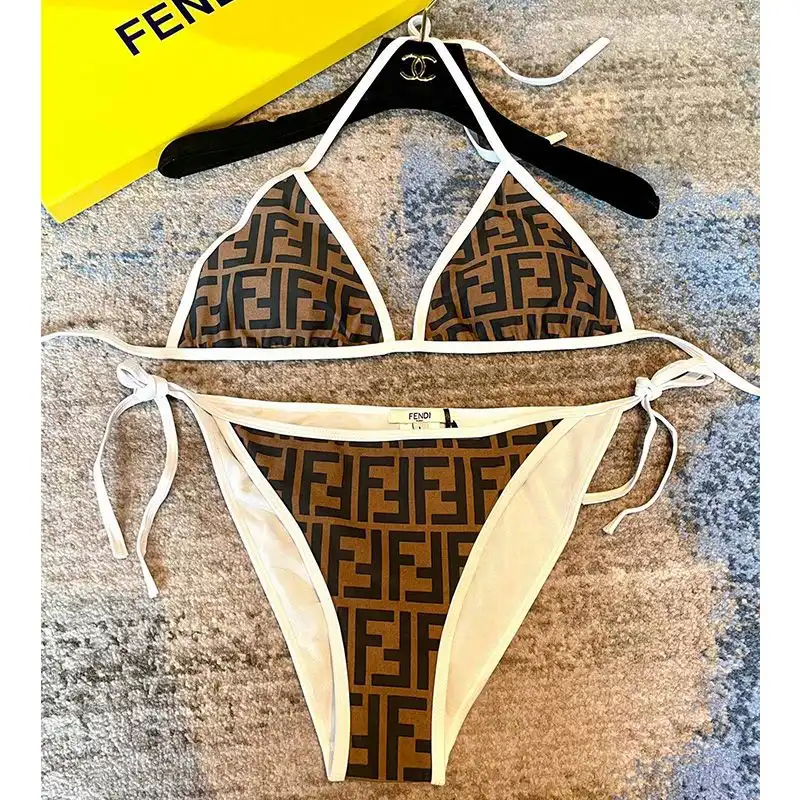 Affordable Fendi Triangle Bikini with Ties Women FF Motif Lycra Brown White 0201 HOT SALE