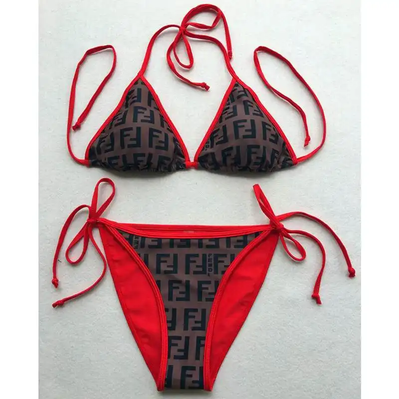 Affordable Fendi Triangular Bikini with Ties Women FF Motif Lycra Brown Red 0201 HOT SALE