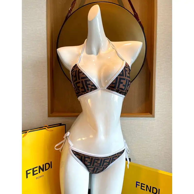 Fendi Triangle Bikini with Ties Women FF Motif Lycra Brown White 0201 HOT SALE