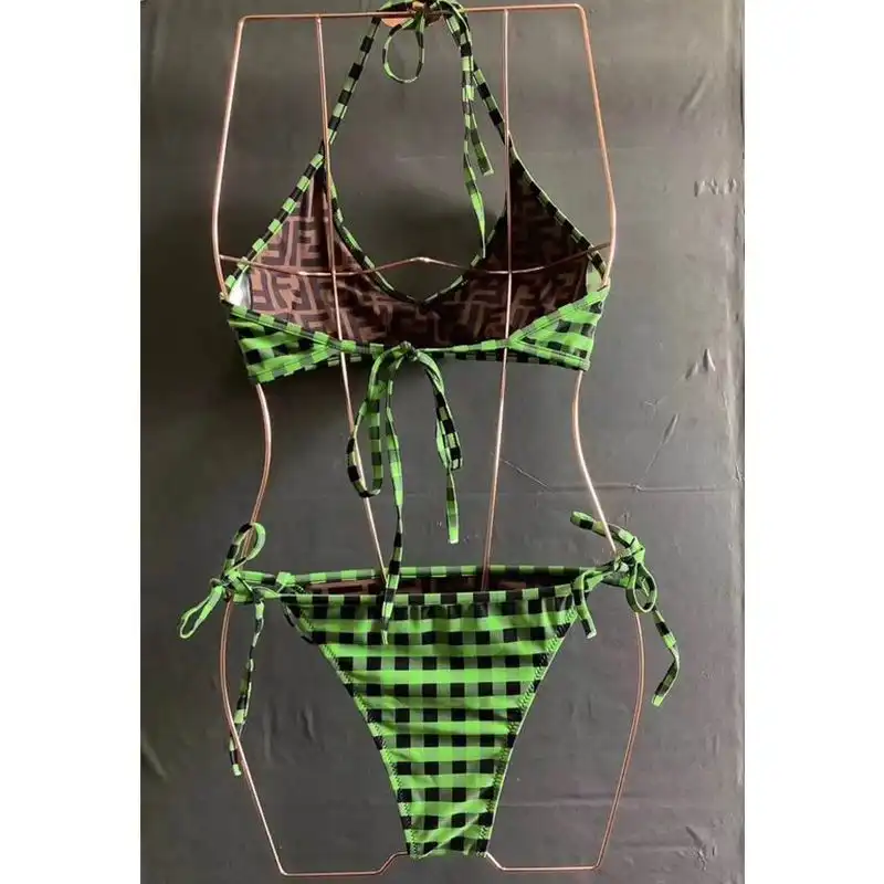 Affordable Fendi Reversible Halterneck Bikini Women Checkered FF Motif Lycra Green Brown 0201 HOT SALE