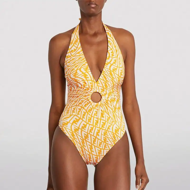 Fendi Halterneck Swimsuit Women FF Vertigo Motif Lycra Yellow 0201 HOT SALE