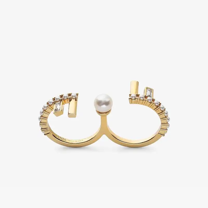 Fendi First Double Ring In Metal with Crystals and Pearls Gold 0205 HOT SALE