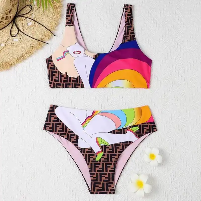 Fendi Underwear Set Women Rainbow Girl FF Motif Lycra Brown Pink 0201 HOT SALE