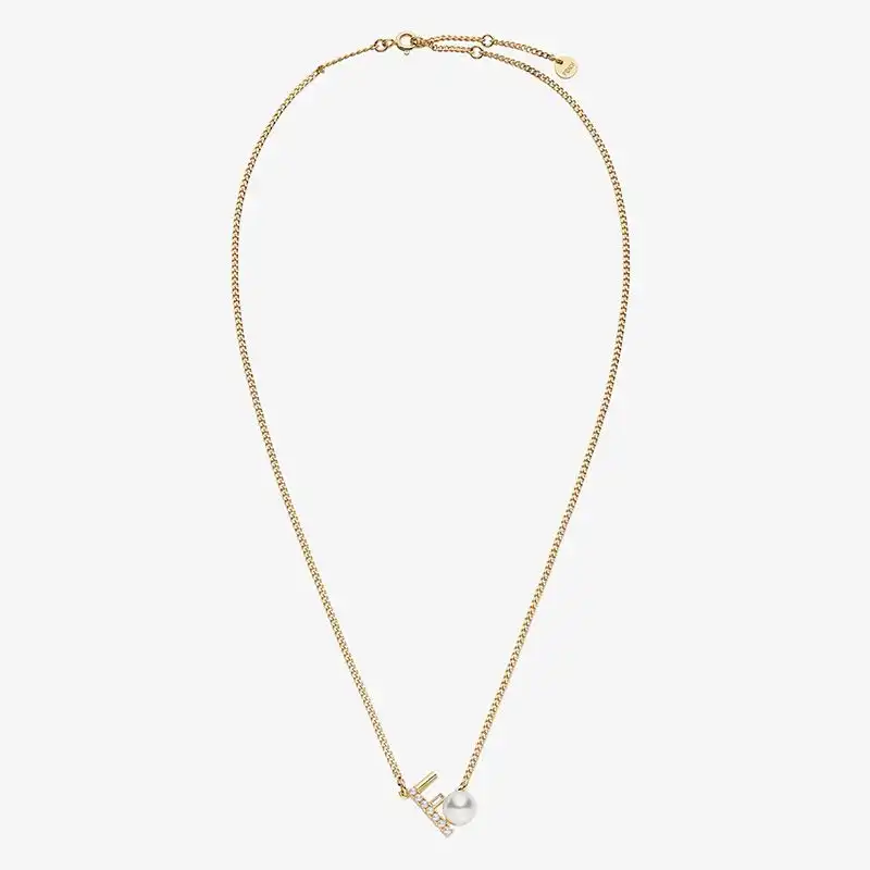 Fendi First Necklace In Metal with Crystals and Pearls Gold 0202 HOT SALE