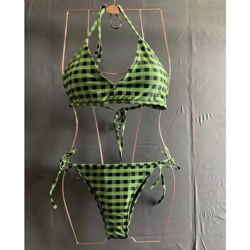 Fendi Reversible Halterneck Bikini Women Checkered FF Motif Lycra Green Brown 0201 HOT SALE